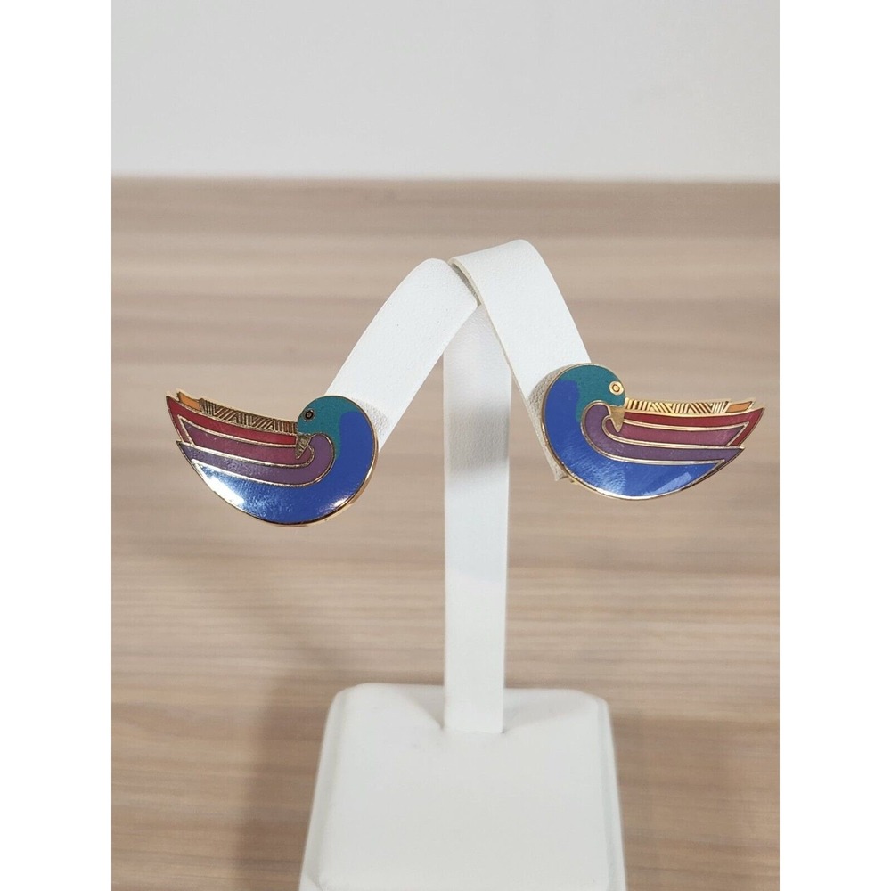 Laurel Burch "Rainbow‎ Dove" Enamel Gold Metal Clip Earrings, Vintage Signed